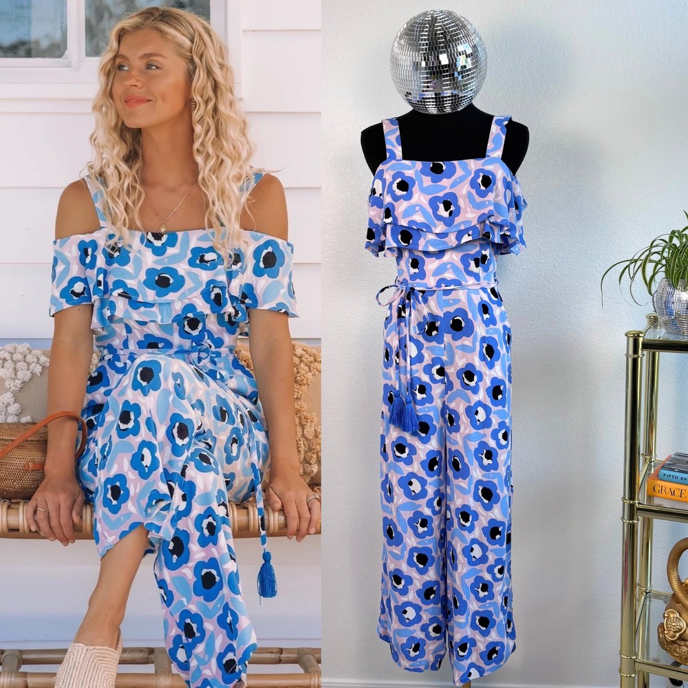 Mister‎ Zimi Gracie Jumpsuit, Small / AU 6, Blue Floral Wide Leg, Tassel